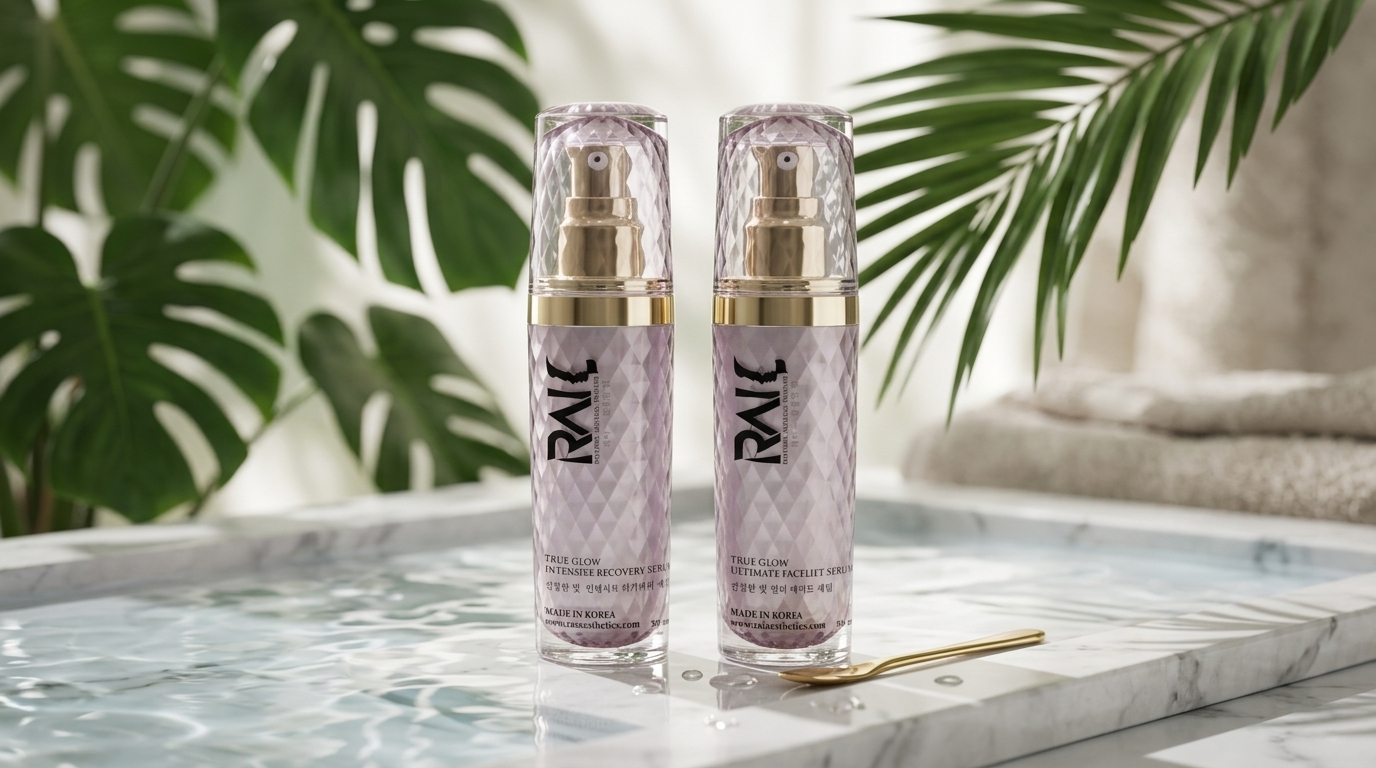RAI True Glow serums on marble